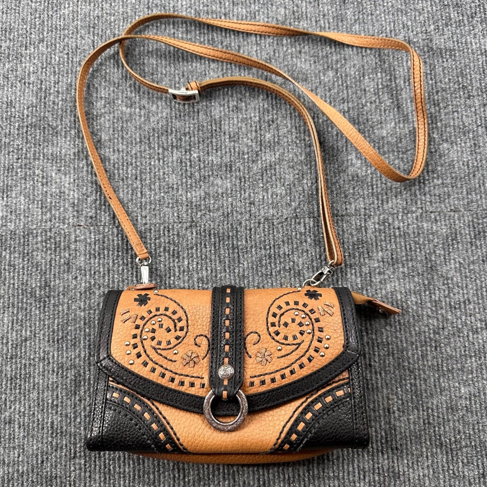 Y2K Vintage Brighton Montreal Crossbody Bag Embroidered Studded Leather Tan